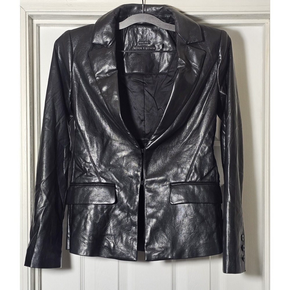 Alice + Olivia Mya Flap-Pocket Vegan Leather Blazer Black Size 2 Jacket Lined